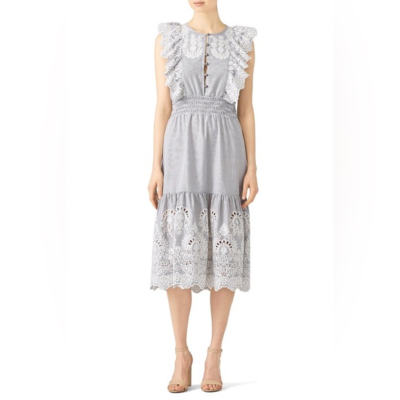 Saylor Striped Gray White Floral Embroidered Midi Dress Wedding Romantic Cottage - Picture 10 of 13